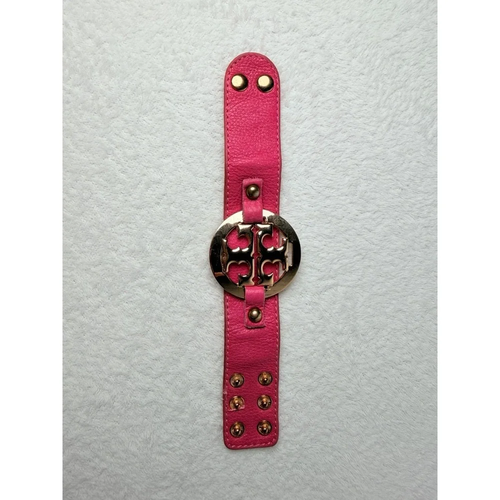 TORY BURCH Leather Logo Double Snap Cuff / Wrap Bracelet.